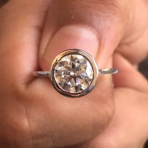 1ct Round Cut Moissanite Bezel Set Women Engagement Ring 14k White Gold Plated - Picture 1 of 9