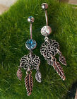 1pc Filigree Dream Catcher w/ Feather Dangles CZ Gem Belly Ring Navel Naval
