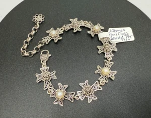 Ottoman 925 Sterling Silver and Pearl Bracelet Openwork Cross Filigree 7-8.5 in - Picture 1 of 19
