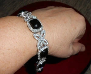 ELEGANT 925 STERLING SILVER, ONYX & CUBIC CZ BRACELET - 8" (Jew-077) - Picture 1 of 10