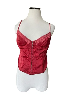 White Fox Satin Corset Top Size L Red Lace Bustier Y2K Going Out Top Vamp Pin Up - Image 1 of 4