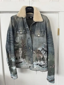 Amiri Wolves Painted Shearling Denim Jacket Size XXL / XL Amazing - Picture 1 of 5