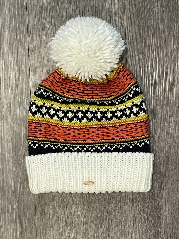 Free People Beanie Knit Fair Isle White, Blue, Orange Pom Pom Winter Hat - Image 1 of 4