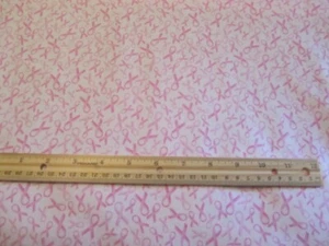 White With Pale Pink Ribbons Breast Cancer Awareness Cotton Fabric BTY - Picture 1 of 1