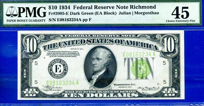 1934 $10 Federal Reserve Note PMG 45 Richmond Top pop one of a kind - Image 1 of 3
