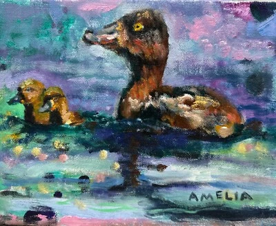 Original Painting Wildlife Into the Water Duck Wall Art Decor 8x10 Expressionist - Image 1 of 4