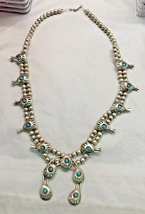 VINTAGE STERLING SILVER SQUASH BLOSSOM TURQUOISE 22" NECKLACE ~ NOT SIGNED - Picture 1 of 11