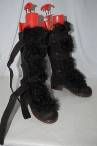 US6❤️ Made ITALY MARNI BLACK Suede White REAL Fur trim Low Heel Mid Calf Boots - Picture 1 of 15