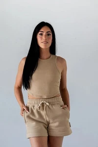 APRES ACTIF Beige Champagne Essential Ribbed Cropped Racerback Tank, Size S - Picture 1 of 9