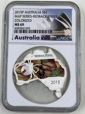 2015P Australia S$1 NGC MS69 Redback Spider Colorized Map Series - Image 1 of 4