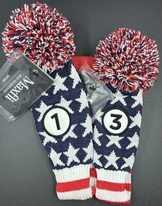 Maxfli 1, 3 Driver Fairway Knit Red White Blue Stripes Pom Pom Head Covers - Picture 1 of 3