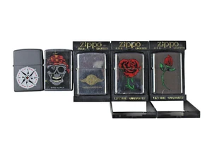 5 Vintage Zippo Lighters Harley Davidsion AADLP Skull Roses Compass Some Unused - Picture 1 of 9