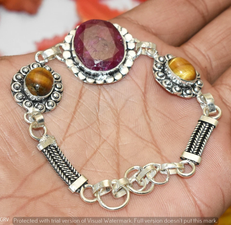 Pulsera de piedras preciosas ojo de rubí y tigre simuladas tamaño 7"-8" U306-B130 Foto 1 de 1