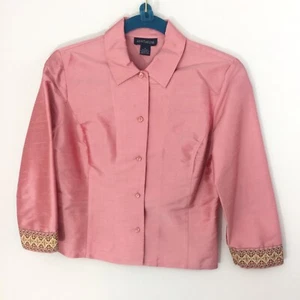 Ann Taylor Size 4 Womens 100% Silk Peach Color Top W/ Trim On Cuffs Button Up - Picture 1 of 9