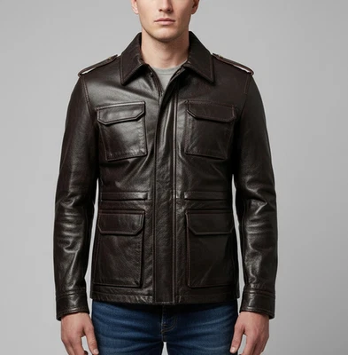 Men’s Dark Brown Field Vintage Style biker Leather Jacket  - Image 1 of 4