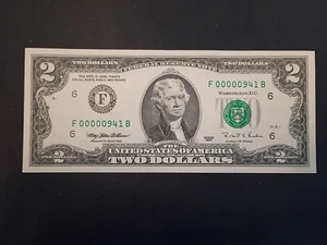 Three numbers Low Serial Number $2 Note Bill  Crisp Uncirculated F 00000941 B  - Picture 1 of 2