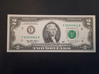 Three numbers Low Serial Number $2 Note Bill  Crisp Uncirculated F 00000941 B  - Image 1 of 2