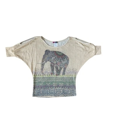 Y2K Lipstick Dolman Sleeve Top Womens M Beige-Green Gold Metallic Elephant Boho - Image 1 of 4