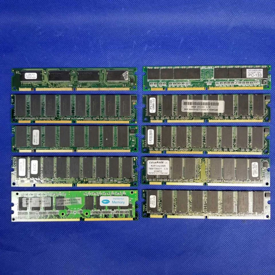 Lot of 10 Mixed PC100/PC133 ECC SDRAM 168-Pin Desktop RAM Sticks Various Brands, - Image 1 of 4