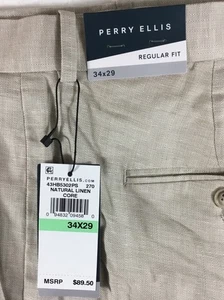 Perry Ellis Dress Pants Men's 34x29 Beige Linen Cotton Blend Flat Front - Picture 1 of 7