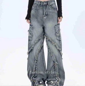 Men's Straight Leg Pockets Denim Jeans Tassels Casual Pants Punk Trousers Hippie - Picture 1 of 25