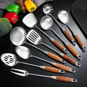 18/10 Stainless Steel Kitchen Utensils Set with Wooden Handle for Cooking 9 P... - Bild 1 von 8