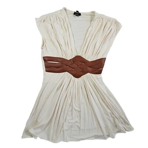 Sky Brand Women's Top Sleeveless Leather Accent Ivory Deep V Neck Y2K Made USA - Imagen 1 de 6