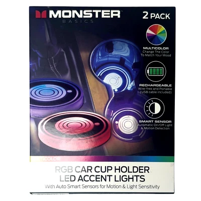 Monster Paquete de 2 Portavasos Coche RGB Luces LED Sensores Inteligentes Automáticos Foto 1 de 4