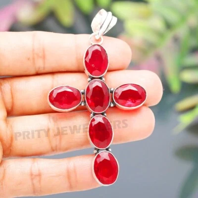 Mozambique Garnet Cross Pendant 925 Sterling Silver Gemstone Handmade Jewelry - Image 1 of 4