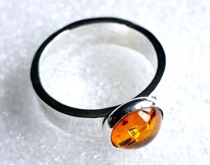 Sterling Silver Heavy Band and Amber Cabochon, Ring, Size J.. - Picture 1 of 2