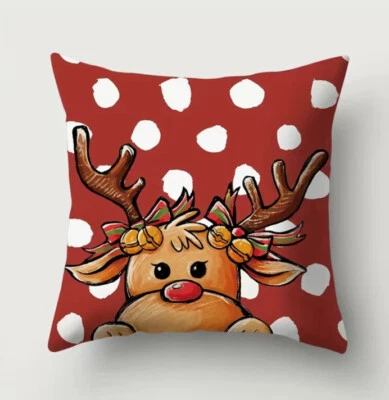 Reindeer Red Polka Dot Christmas Throw Pillow Cover Winter Holiday Home Decor - Image 1 of 4