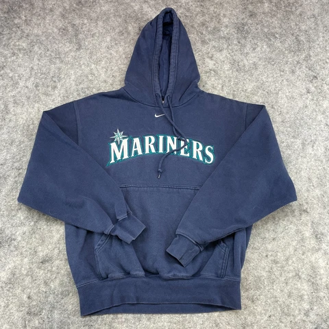 VINTAGE Seattle Mariners Sweatshirt Mens Small Blue Center Swoosh Spellout Nike Cover