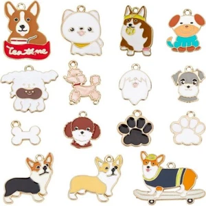 15 Mixed Puppy Dog Design / Themed Gold Tone Pendant Charms with Enamel Detail - Picture 1 of 3