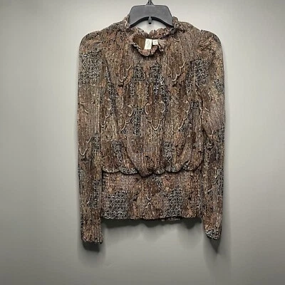 Joie Brocade High Neck Smocked Waist Blouse Womens L Muted Brown Lined Boho - Image 1 of 4
