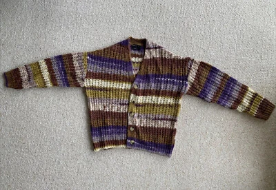 asos design chunky knit stripe cardigan brown space dye tan size S-M to fit 38 - Image 1 of 4
