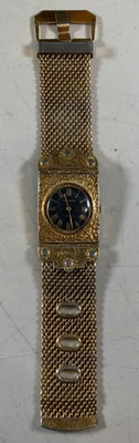 Works! Vintage Hawthorne 17 Jewels Hammered Brass Gold Tone Wind Up Watch Mesh - Image 1 of 4