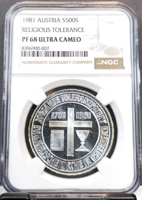 1981 AUSTRIA SILVER 500 SCHILLING RELIGION NGC PF 68 ULTRA CAMEO RARE TOP POP 1 - Image 1 of 3