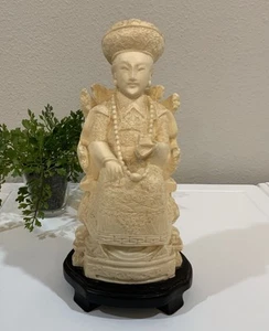 Vtg Cream Hand Carved Resin Chinese Emperor On Wood Base Stand Statue Figurine - Picture 1 of 8