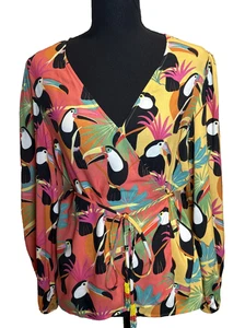 Farm Rio for Anthropologie Rainforest Toucan Wrap Blouse Size XS Beaded Tassel - Picture 1 of 17