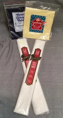 Lot of 4 Cross Stitch Fabric 14 Count Aida White, Navy Blue, Yellow. 2 Sizes - Image 1 of 4