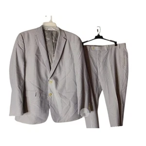 Ralph Lauren Seersucker 2pc Suit Blue White Striped 46L Blazer Flat Pants 40x32 - Picture 1 of 9