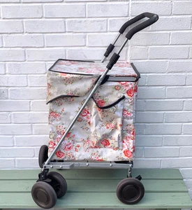Sholley Trolley Floral Petite 35in Max Handle Hgt Pale Green/Grey Pink Flowers - Picture 1 of 23