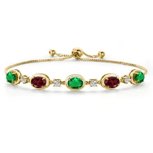 18K Yellow Gold Plated Silver Nano Emerald and Rhodolite Garnet Bracelet For - Picture 1 of 6