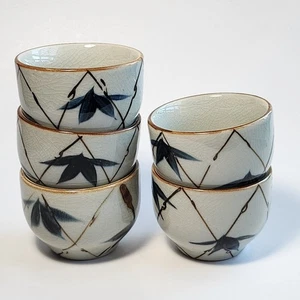 Japanese Crackle Glaze Bamboo Motif Ceramic Teacup Set of 5 - Picture 1 of 13