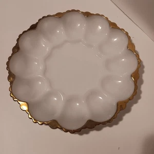 1950's Anchor Hocking Milk Glass Fire King 22K Gold Trim Deviled Egg Tray, Used, - Picture 1 of 14
