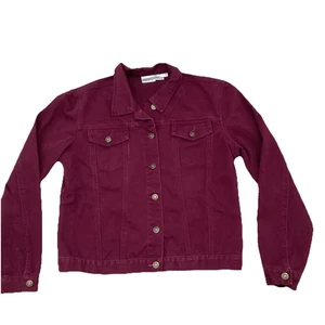 JEANOLOGY NEWPORT NEWS Maroon Denim Crop Jean Jacket Sz M Pockets Buttons - Picture 1 of 10