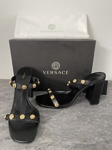 Women’s Versace Medusa Head Embellished Vitello T 90 Black Sandal Heels Size 40
