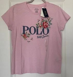 Polo Ralph Lauren WMNs M Pink T-Shirt Floral Cross Stitch Embroidery/Logo Patch - Picture 1 of 4