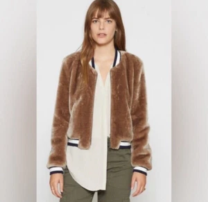 Joie Women's Faux Fur Arleigh Zip Bomber Jacket Runway White/Navy Trim Small - Picture 1 of 14