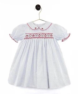 Petit Ami Blue Dot Red Embroidered Smocked Dress with Bloomers 12 18 24 Months - Picture 1 of 1